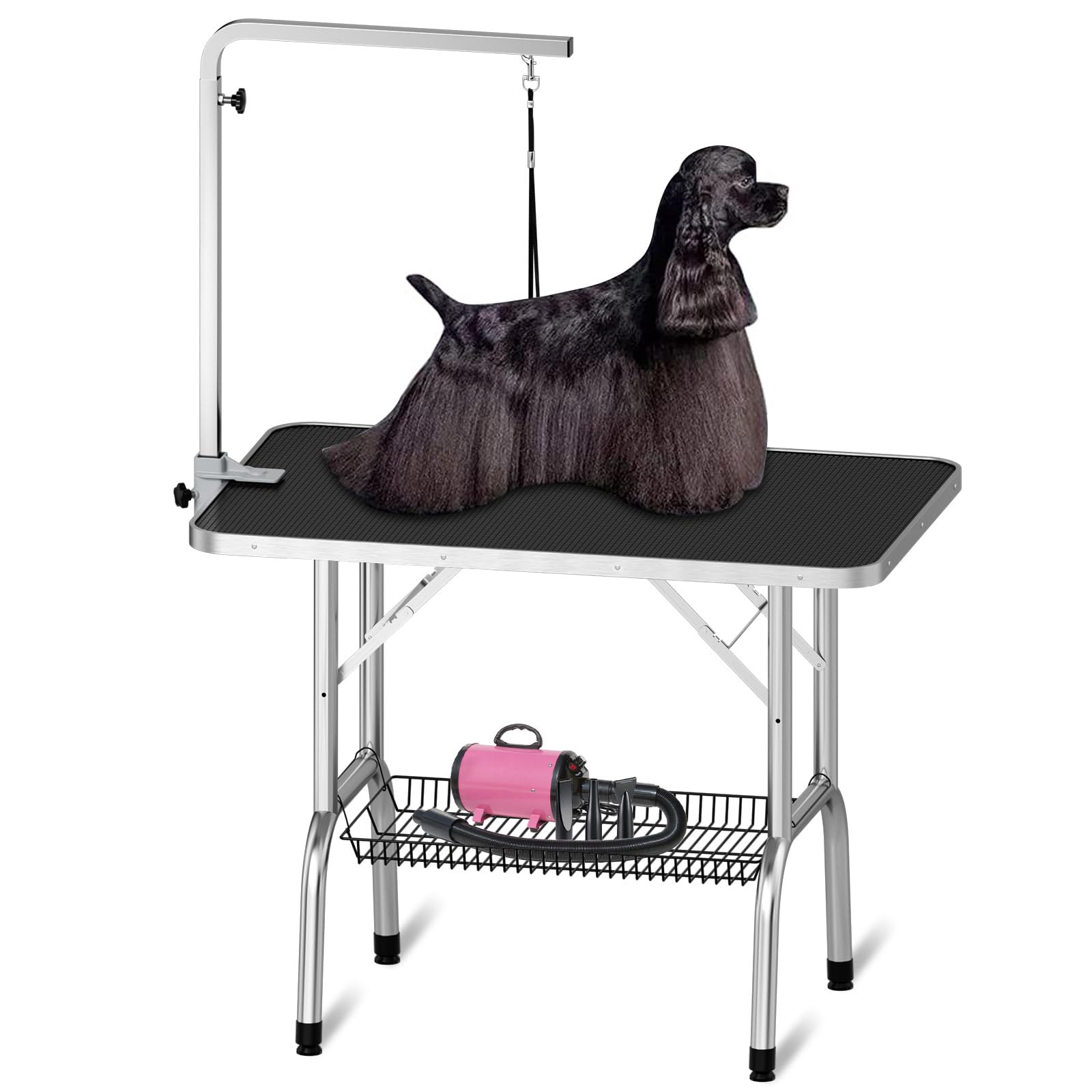Polar Aurora 36 Dog Grooming Table Heavy Duty Pet Grooming Table for Dogs at Home Foldable Grooming Table w/Adjustable Arm & Noose & Mesh Tray Professional Dog Show Stainless Steel Black