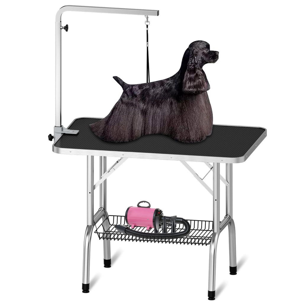 Polar Aurora 36 Dog Grooming Table Heavy Duty Pet Grooming Table for Dogs at Home Foldable Grooming Table w/Adjustable Arm & Noose & Mesh Tray Professional Dog Show Stainless Steel Black